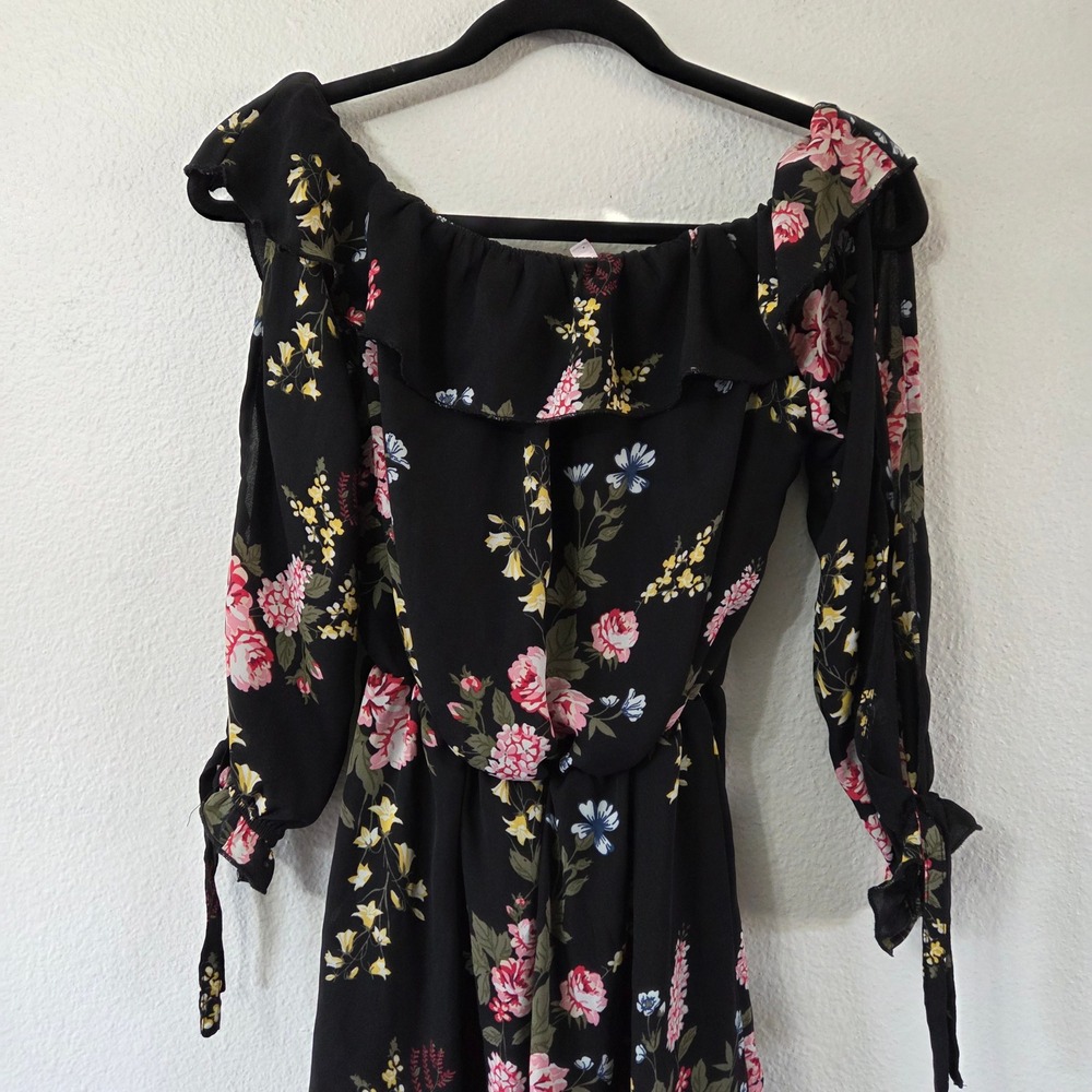 Y2K Bongo Floral Romper Small Off Shoulder Peasant Boho Bell Sleeve Mini Small - Picture 4 of 9